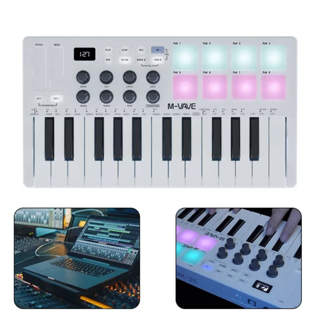 Controlador de teclado MIDI inalámbrico 25 teclas 8 almohadillas retroiluminadas y control táctil