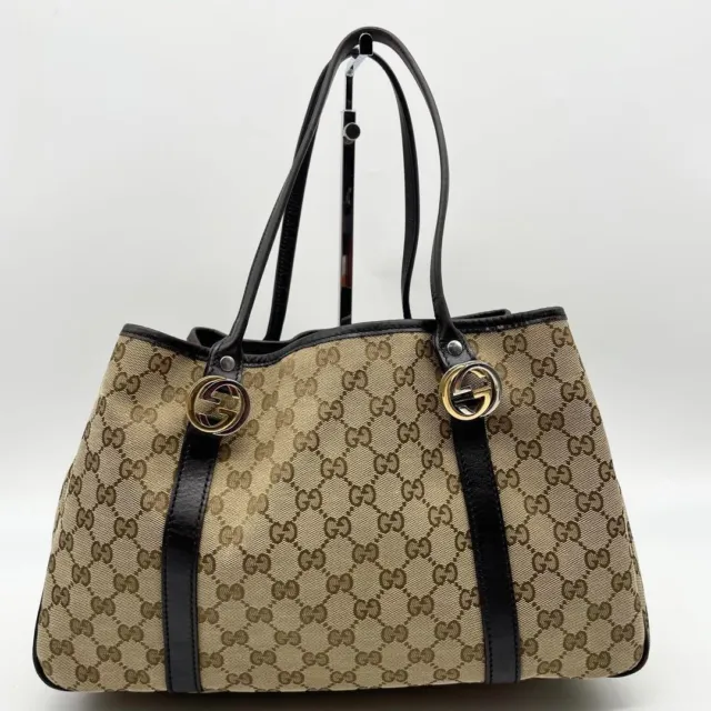 Gucci Tote Bag GG Twins Double G Canvas Leather Brown Beige 232957 Authentic