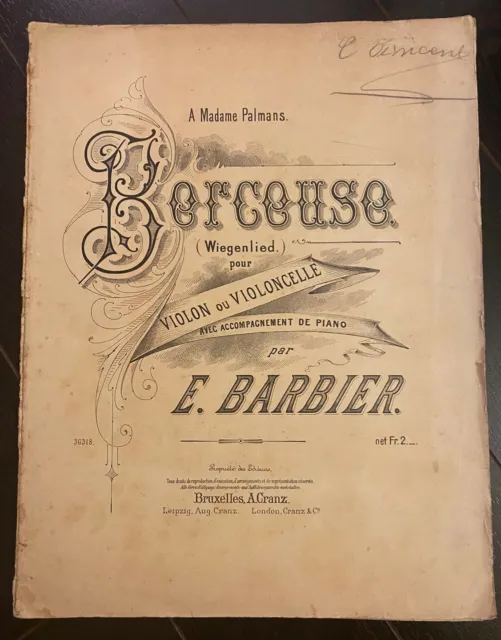 E. Barbier - Partition Berceuse Wiegenlied pour Violon ou Violoncelle et Piano