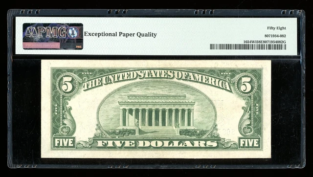 DBR 1934-D $5 Silver Fr. 1654Wi Wide I SA Block PMG 58 EPQ Serial S06864825A 2