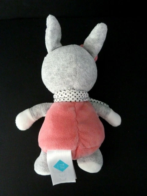 76. Doudou Peluche Tex Baby Lapin Rose Gris Blanc Echarpe Pois Noir Etoile Ttbe 3