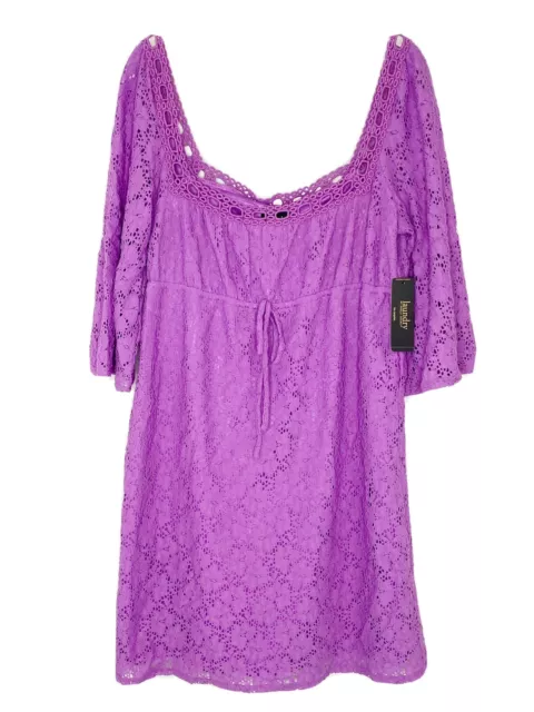 Laundry Shelli Segal PURPLE Lace 3/4 Sleeve Square Crochet Short Dress Sz L