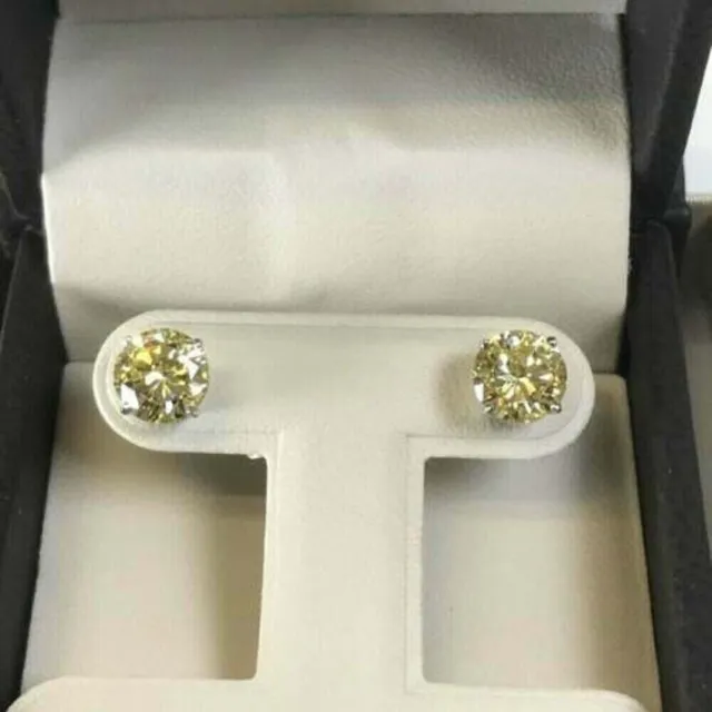 2Ct Round Cut Lab Created Canary Yellow Diamond 925Sterling Silver Stud Earrings