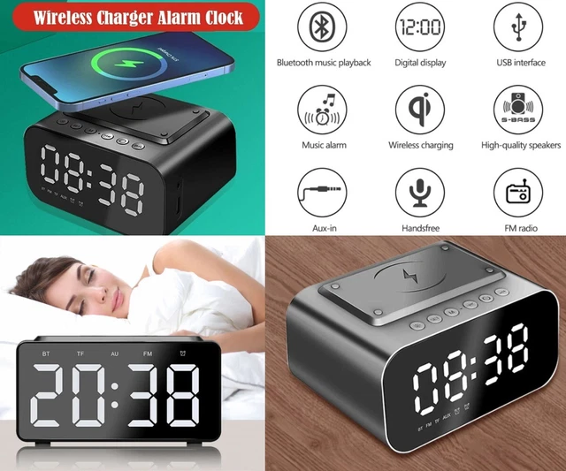 Wireless Charger Alarm Clock Haut-Parleur LED Smart Radio USB Rapide Chargeur