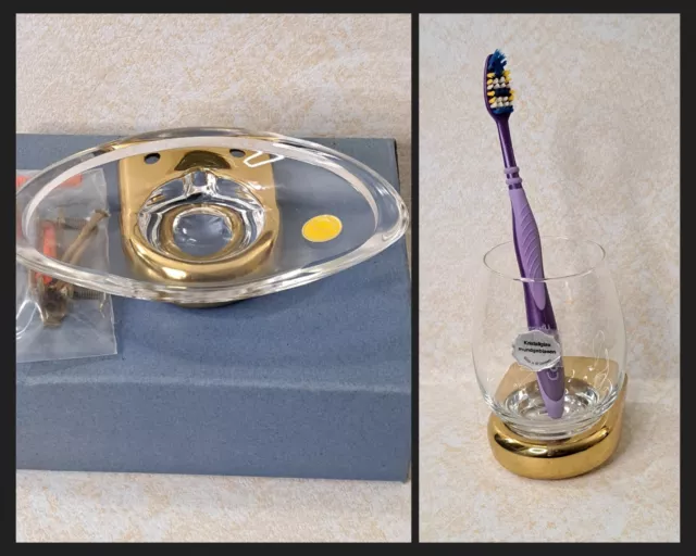 NEW Vintage 2 Bleikristall 24% PbO Glass Soap & Toothbrush W/Solid Brass Bracket