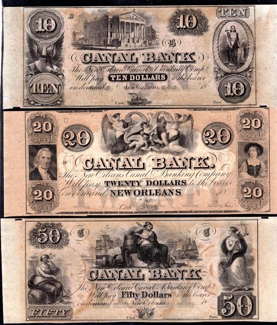 USA,  New Orleans Canal & Banking (1840s-50s), $10, $20 2 x $50 & $100.