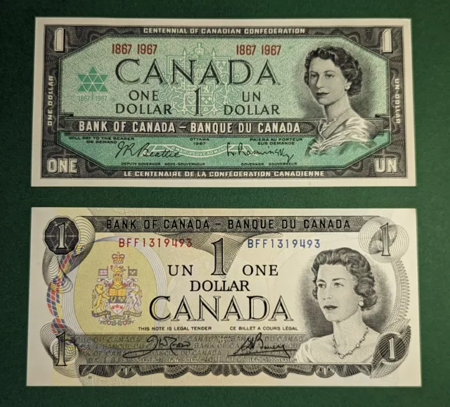 Canada 1967 + 1973 $1 Note Set. Crisp Bills!