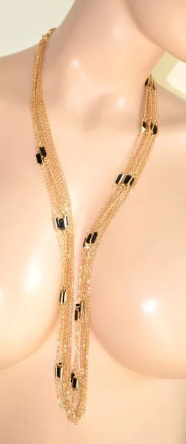 Sautoir femme or multi rangs chaîne brillante pierres noires long collier U270 2