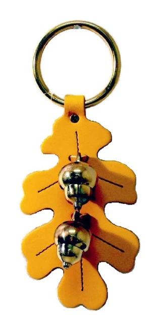 YELLOW OAK LEAF DOOR CHIME - Handmade Stitched Leather & Solid Brass Acorn Bells