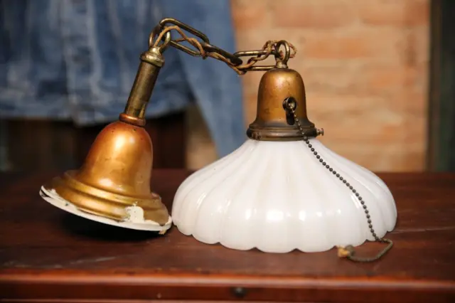 Vintage Antique industrial Light Fixture brass Milk Glass Shade Schoolhouse