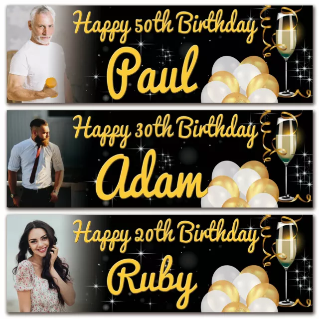 2 Personalised birthday banner photo gold champagne adults party balloon poster