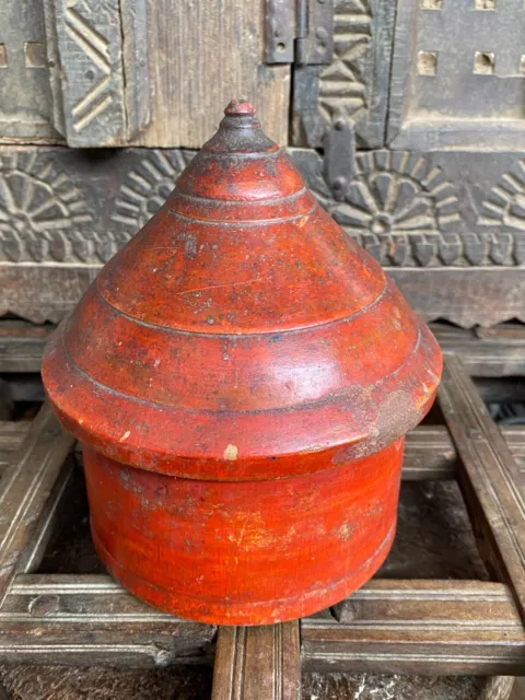 Antique Wooden Red Lacquer South Indian Spice Box Tikka Kumkum Box Container