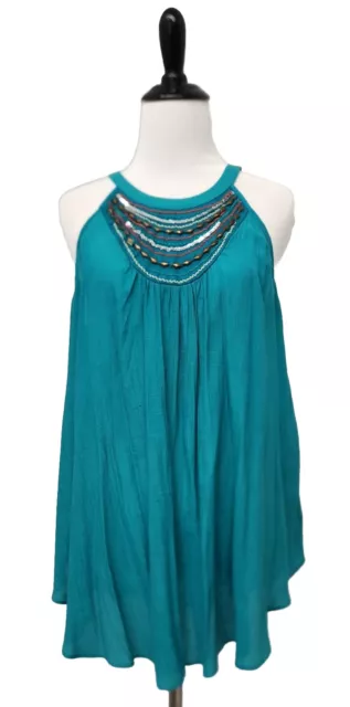 Iz Byer Turquoise Beaded Flowy Racerback Tank Top Size Large