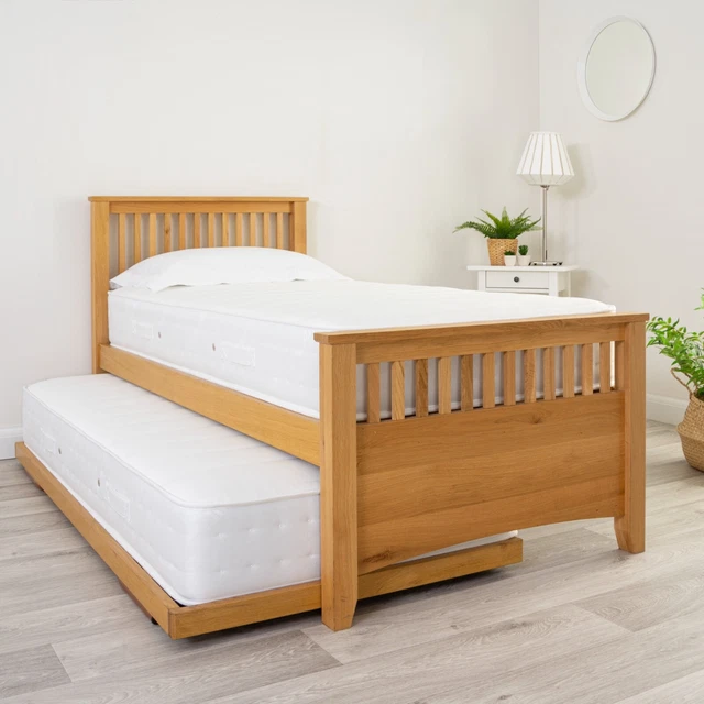 SOLID WOOD BED Single With Pull Out Trundle Oak Guest Bed Mattress ...