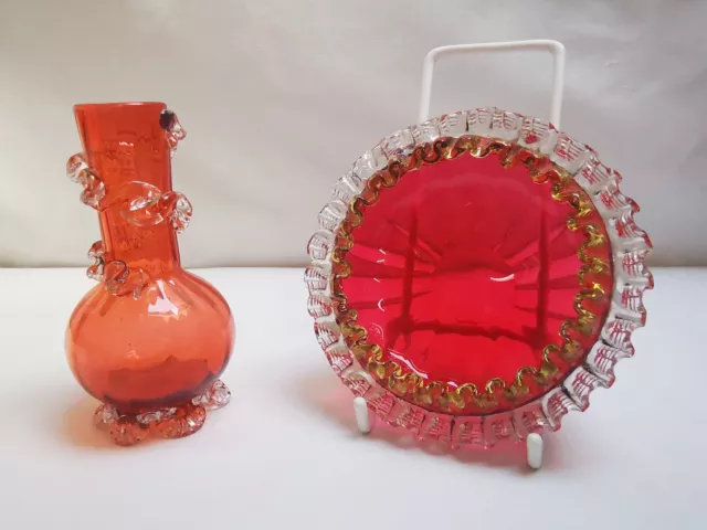 Paar Antikes Viktorianisches Glas, Kleine Vase Und Schüssel, Cranberry, Pfirsich, Gold 2