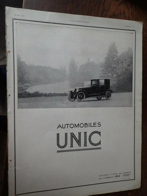 UNIC automobile PUTEAUX + bougie CHAMPION publicité papier ILLUSTRATION 1924