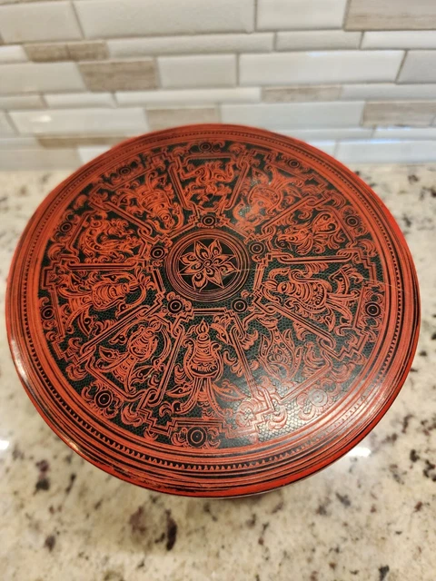 Burmese Asian Orange Lacquer Betel Nut Box RARE Zodiac and Maker Inscription 10