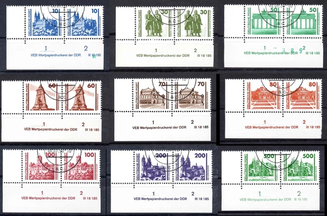 DDR MiNr. 3344-3352 DV Druckvermerk Bauwerke kompletter Satz gestempelt