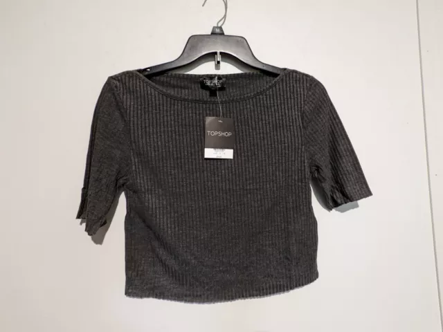 NWT Topshop Women's Rib Knit Crop Shirt Top S Gray Boatneck Short Sleeve