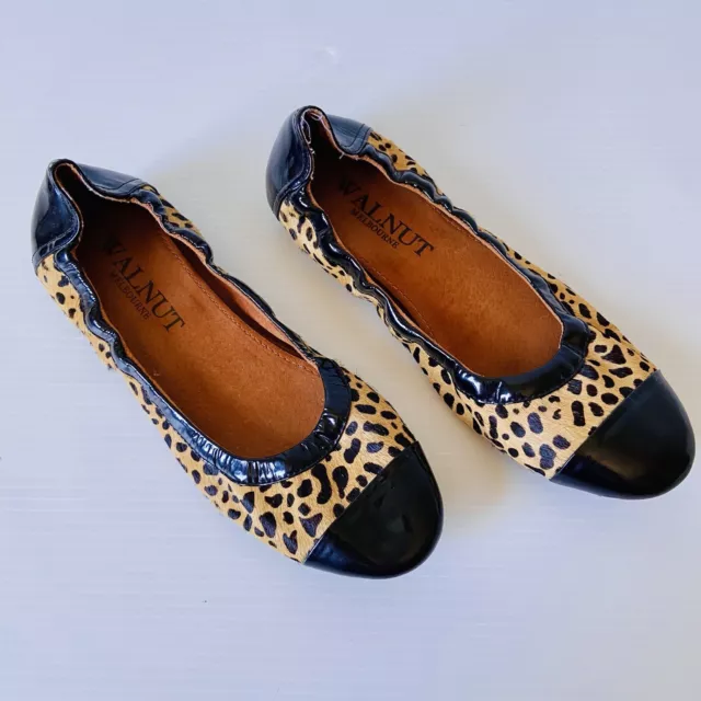 Walnut Leopard Print Pony Hair Tan Black Patent Ballet Flat Shoe Size 7 / 38 EC