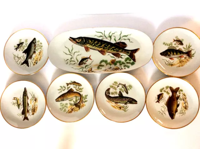 Vintage Set of 7 Naaman Israel Fish Dinner Plates Porcelain with Gold 24K Trim