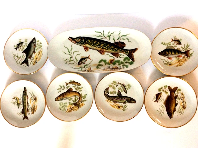 Vintage Set of 7 Naaman Israel Fish Dinner Plates Porcelain with Gold 24K Trim