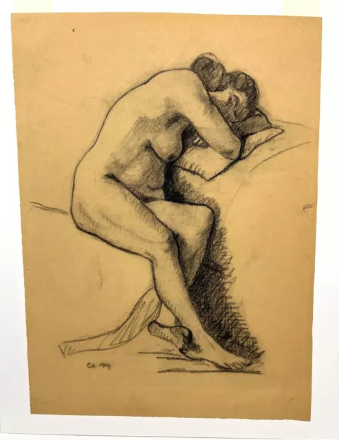 Albert Marquet Attribution, Dessin au fusain vintage. Nu féminin. Initiales : AM