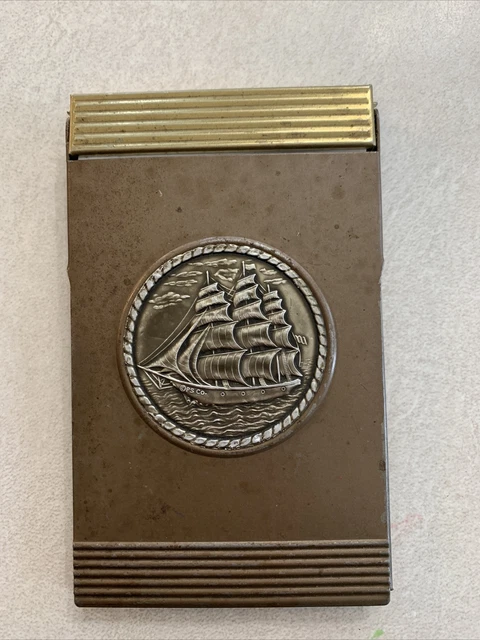 Vtg Park Sherman Embossed Metal Desk Pad Notepad Holder Brass with Ship Schooner