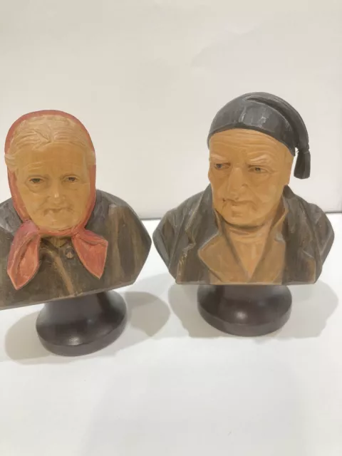 2  hand carved wooden busts from Switzerland 3 1/2 x 3 3/4" beautifully detailed