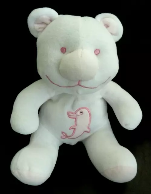 P4. DOUDOU PELUCHE GIFI OURS Koala BLANC ROSE motif DAUPHIN grelot - TBE