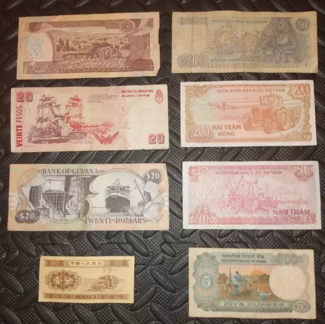 Lot of 8 Themed "Banknotes Featuring Transportation" Circulated World Currency