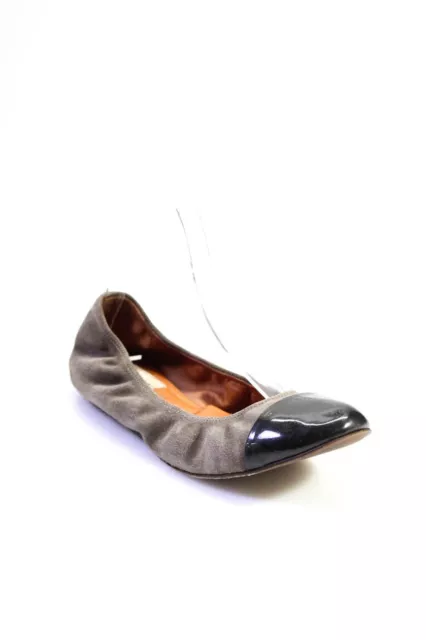 Lanvin Womens Slip On Patent Cap Toe Ballet Flats Brown Black Suede Size 39.5