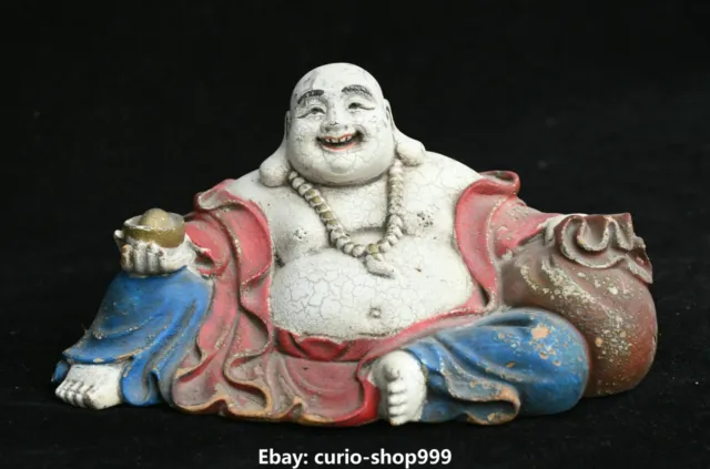 5.1" Old Boxwood Painting Happy Laugh Maitreya Buddha Yuanbao Money Bag Statue