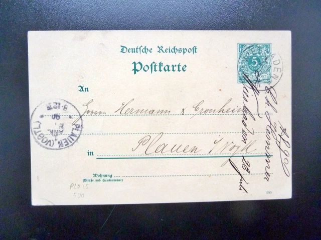 DR-Postkarte P20, Stempel WIESBADEN und PLAUEN