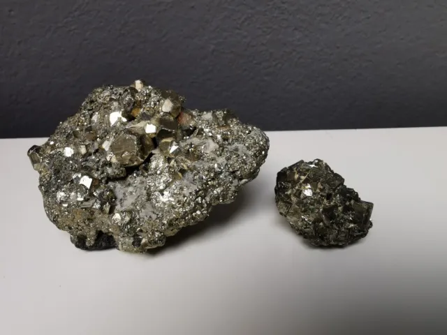 2x Pyrit Mineral Stein Kristall Druse silber 120 Gramm