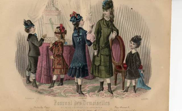 65/ GRAVURE DE MODE "  JOURNAL des DEMOISELLES " 1877 SUPERBES COULEURS !
