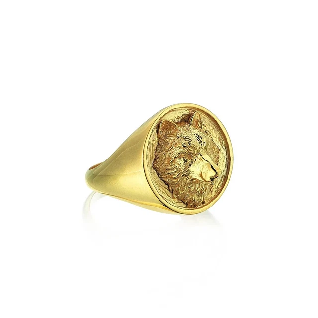 Wolf Head Signet Animal Stylish Men 14K Yellow Gold Plated