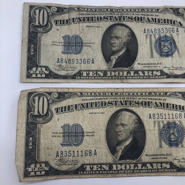 1934 A & 1934  $10 Ten Dollar Silver Certificate Note Blue Seal 3