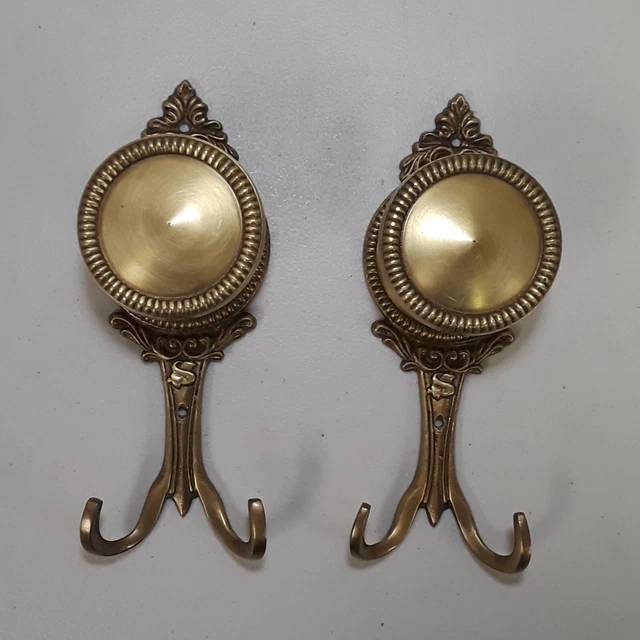 Ornate Solid Brass Curtain Tie Backs Knobs or Towel Hook Racks Pair Set of 2
