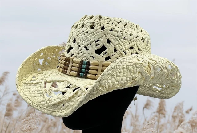 Womens Size S/M Beige Y2K Beaded Straw Hat Coachella Boho Festival Cowgirl Rodeo