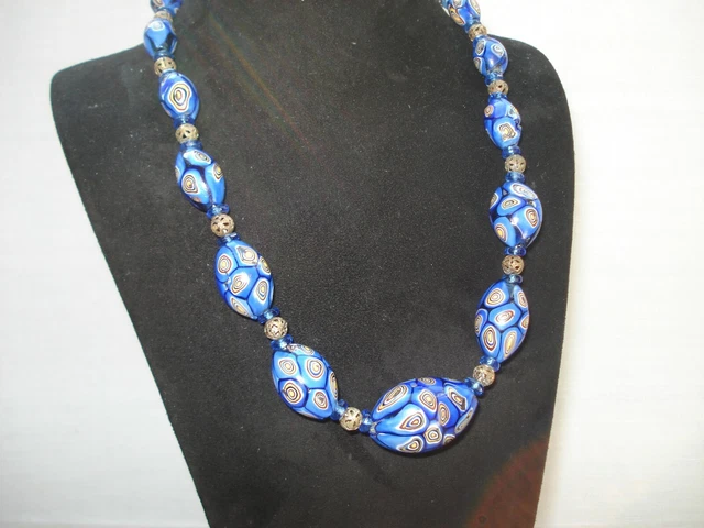 Collier Ancien Perles De Verre De Venise Millefiori Bleu - Occasion Bon état - Style Murano