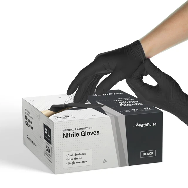 FIFTH PULSE NITRILE Exam Latex & Powder Free Gloves Black 50 pk (XL