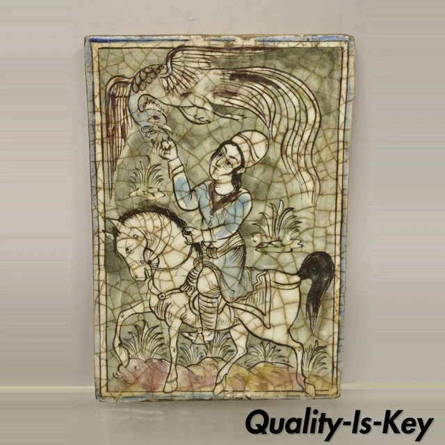 Antique Persian Iznik Qajar Style Ceramic Pottery Tile Light Blue Bird Rider C1