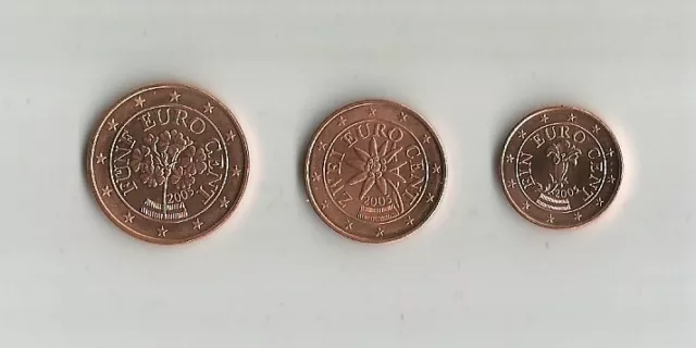 EURO  AUTRICHE 2005 Lot de 3 Pièces NEUVES de 1 , 2 et 5 ctes