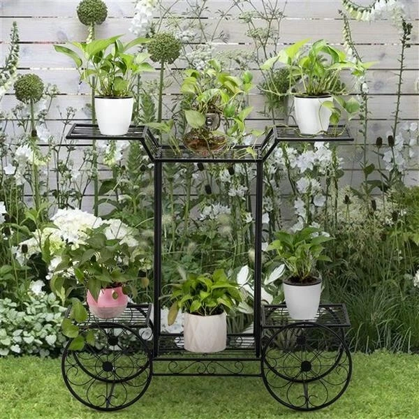 1pc Metal Black lacquered trolley styled 6-seater plant stand Plant Rack Stand