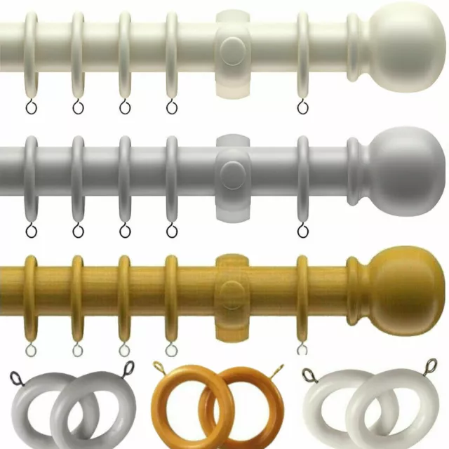 28mm Wooden Curtain Rail Pole Rod Set With Brackets Rings & Classic Ball Finials