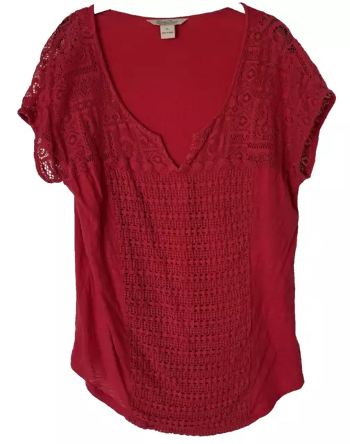 Lucky Brand Red Top, Slub Cotton, Lace Yoke and Front, Cap Sleeve, Women's XL