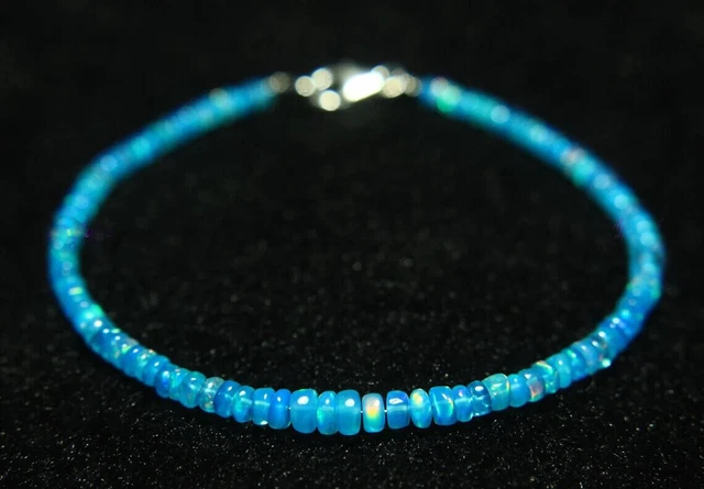 Véritable Délicat Bleu Éthiopien Feu Opale 3-4mm Lisse Perlé Rondelle Bracelet