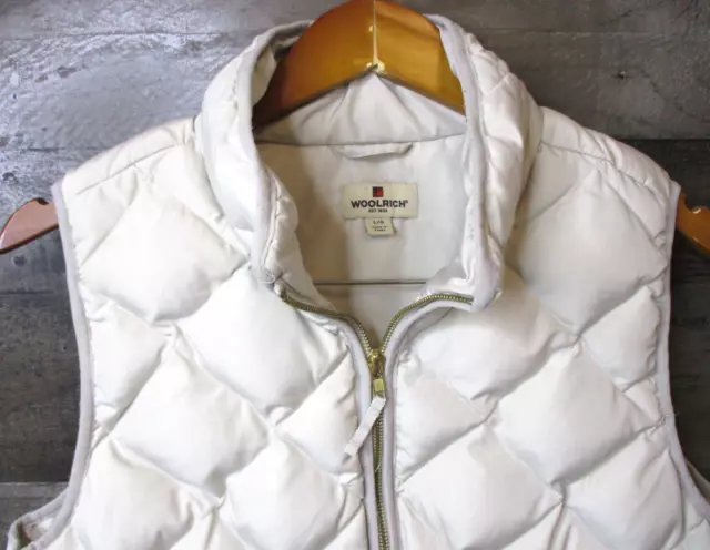 Woolrich Puffer Vest Womens Large Cream Quilted Duck Down Full Zip Snap Pockets