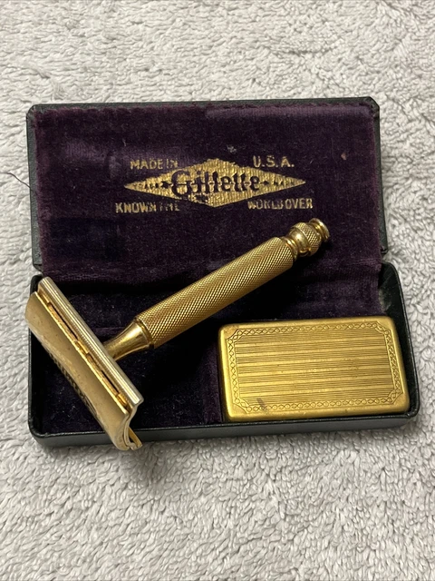 Vintage Gillette Ball End Tech Gold "Post-War" Vintage DE Safety Razor With Case Vintage Gillette Ball End Tech Gold "Post-War" Vintage DE Safety Razor With Case
